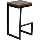 Cube Bar Stool in Walnut Brown Solid Wood & Black Metal (Set of 2)