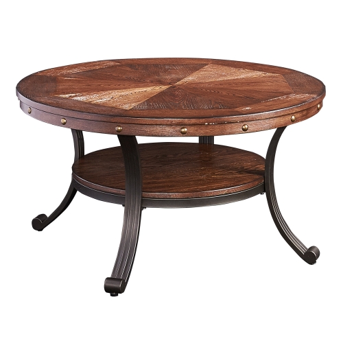 Franklin Cocktail Table in Oak Veneer & Metal w/ Nailhead