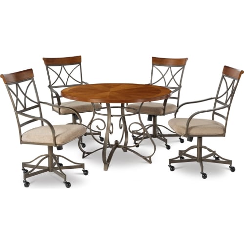 Hamilton 5 Piece Swivel Dining Set in Cherry, Metal & Taupe Beige Fabric