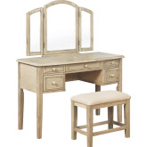 Kara Bedroom Vanity & Stool in Driftwood & Beige Linen