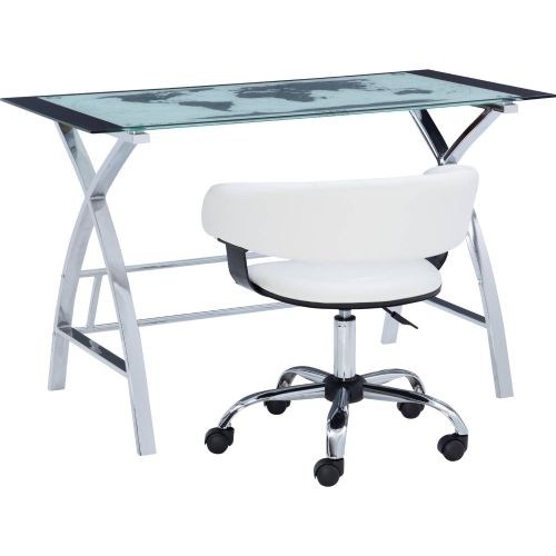 Jared Desk Set in Chrome, Tempered Glass & White Leatherette