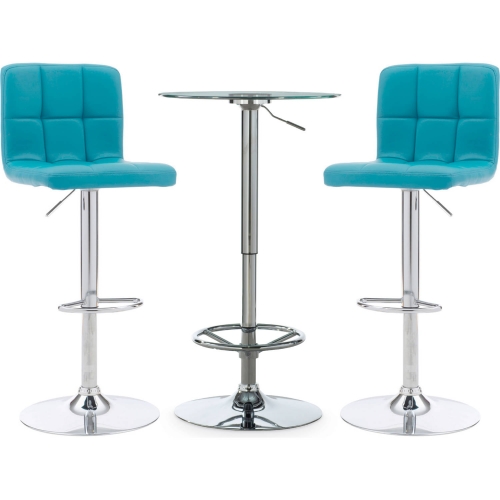 Jenna 3 Piece Pub Table Set in Teal Blue Leatherette & Chrome