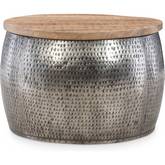 Royce Drum Coffee Table w/ Storage in Silver & Wood