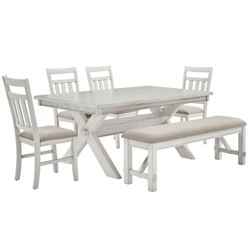 Turino 6 Piece Dining Set in White Wood & Beige Fabric