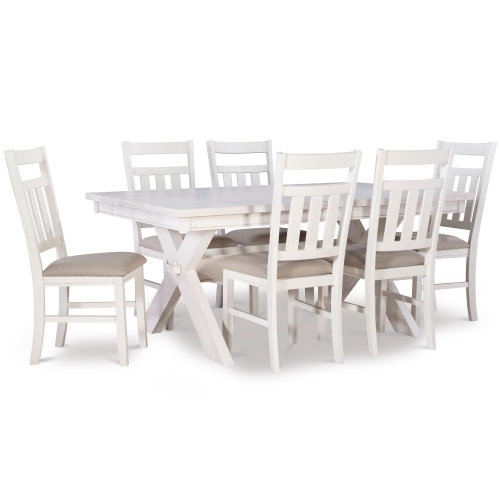 Turino 7 Piece Dining Set in White Wood & Beige Fabric