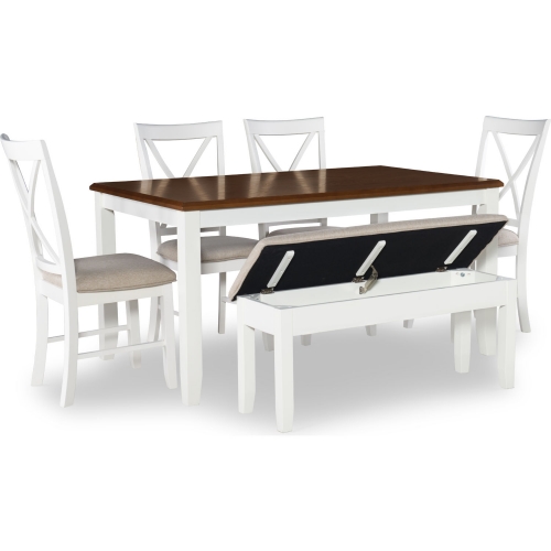 Jane 6 Piece Dining Set in Vanilla White & Brown Fabric (Table, Bench, & 4 Chairs)