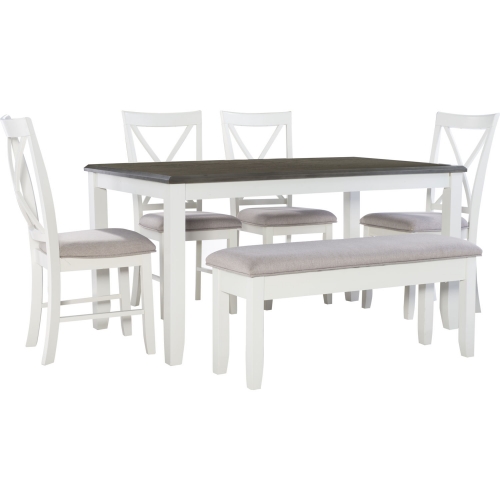 Jane 6 Piece Dining Set in Vanilla White & Gray Fabric (Table, Bench, & 4 Chairs)