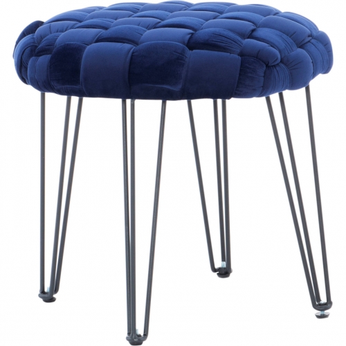 Shadbury Round Stool Ottoman in Navy Blue Velvet & Black Metal