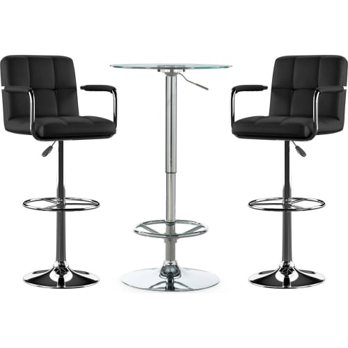 Jenna Quilted 3 Piece Pub Table Set in Black Leatherette & Chrome