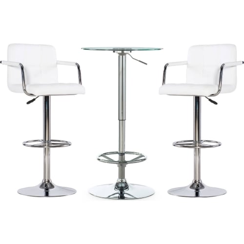 Jenna Quilted 3 Piece Pub Table Set in White Leatherette & Chrome