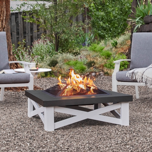 Austin Wood Burning Fire Table in White Iron w/ Black Top