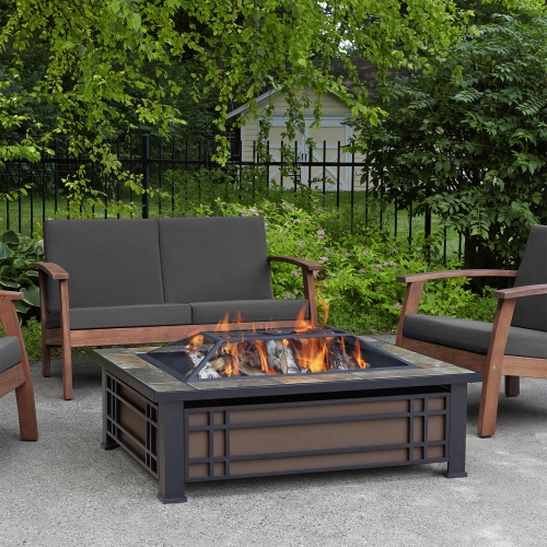 Hamilton Wood Burning Fire Pit in Natural Slate Tile on Black Steel Base