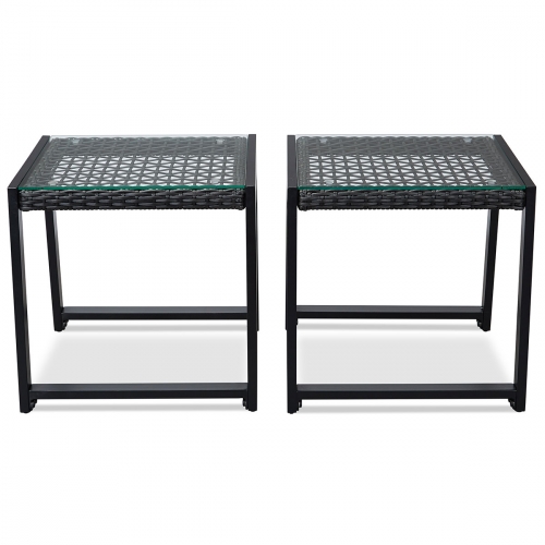 Calvin Outdoor End Table in Black Aluminum, Resin Wicker & Glass (Set of 2)