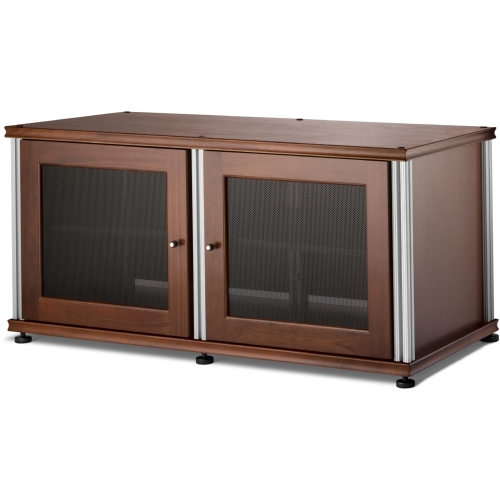 Synergy 221 Double Width 44" AV Cabinet TV Stand in Walnut, Mesh Doors & Aluminum Frame