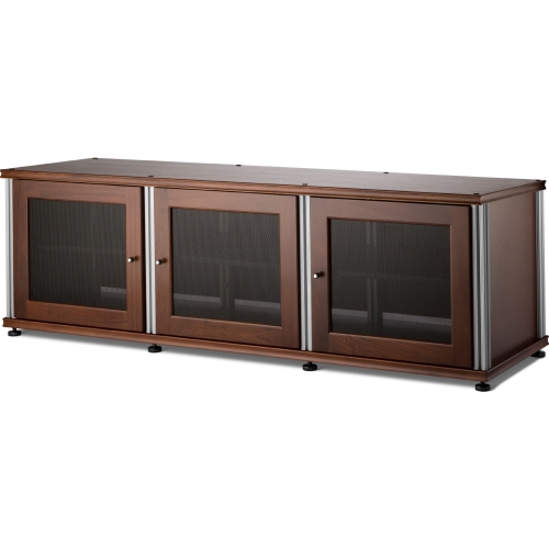 Synergy 237 Triple Width 65" AV Cabinet TV Stand in Walnut, Mesh Doors & Aluminum Frame