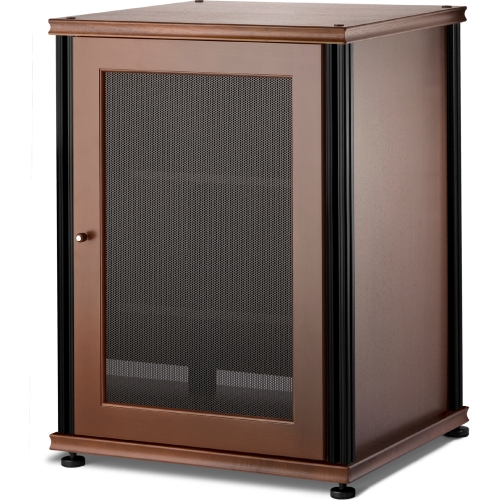 Synergy 30" Tall AV Cabinet Audio Rack in Walnut, Mesh Doors & Black Frame