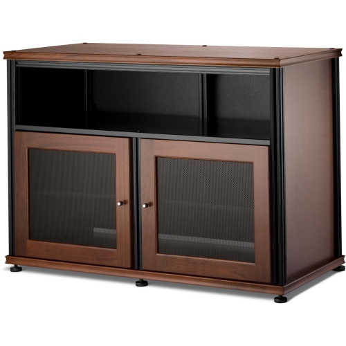 Synergy 329 Double Width 44" AV Cabinet TV Stand in Walnut, Mesh Doors & Black Frame