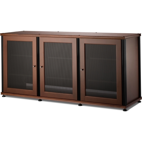 Synergy 337 Triple Width 65" AV Cabinet TV Stand in Walnut, Mesh Doors & Black Frame