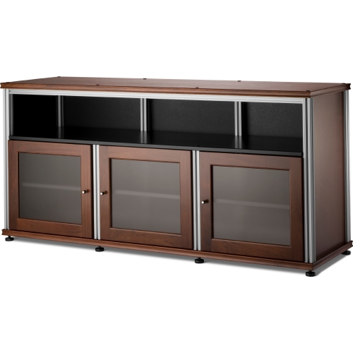 Synergy 339 Triple Width 65" AV Cabinet TV Stand in Walnut, Mesh Doors & Aluminum Frame