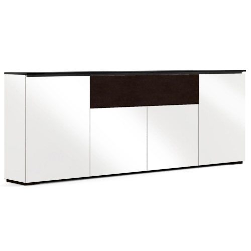 Miami 345 88" Low Profile Wall Cabinet TV Stand in Gloss Warm White w/ Black Top