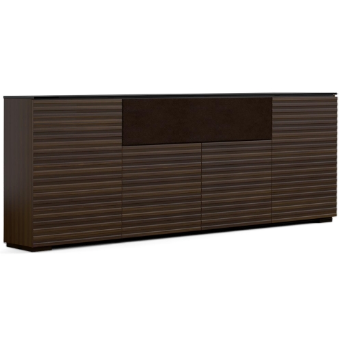 Zurich 345 88" Low Profile Wall Cabinet TV Stand in Linear Texture Brown w/ Black Top