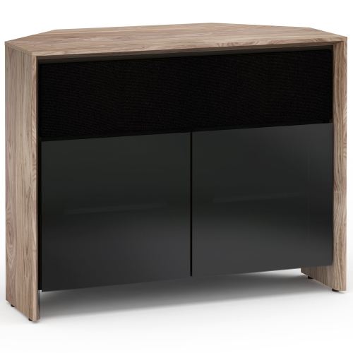 Barcelona 329CR 45" Corner TV Stand AV Cabinet in Natural Walnut w/ Black Glass