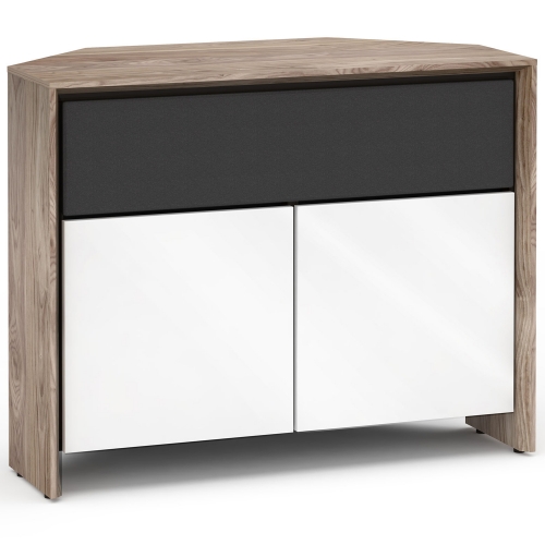 Barcelona 329CR 45" Corner TV Stand AV Cabinet in Natural Walnut w/ Gloss White Doors