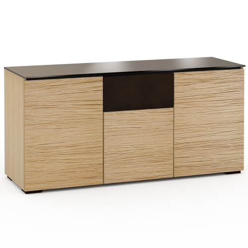 Denver 336 64" TV Stand AV Cabinet in Textured Natural Oak w/ Brown Glass Top