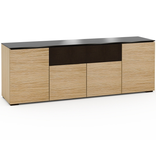 Denver 345 85" TV Stand AV Cabinet in Textured Natural Oak w/ Brown Glass Top