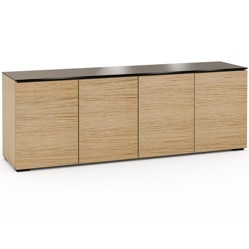 Denver 347 85" TV Stand AV Cabinet in Textured Natural Oak w/ Brown Glass Top