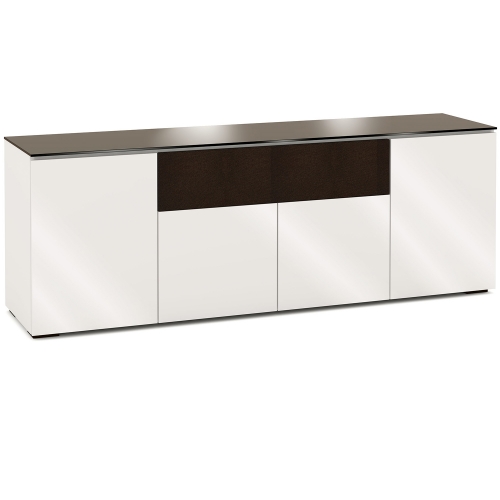 Miami 345 85" TV Stand AV Cabinet in Gloss Warm White w/ Black Glass Top