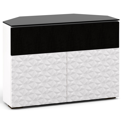 Milan 329CR 44" Corner TV Stand AV Cabinet in White w/ 3D Geometric Pattern Doors