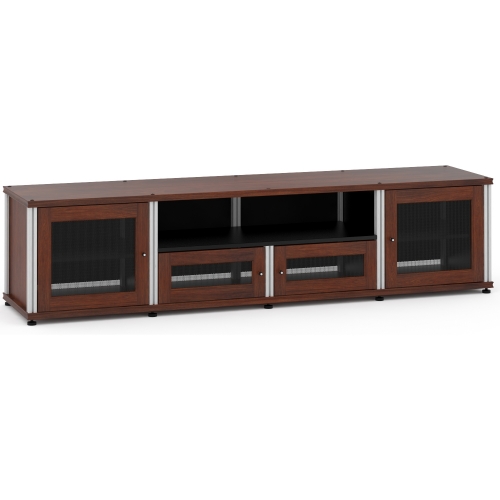 Synergy 245 Quad Width 87" AV Cabinet TV Stand in Walnut, Mesh Doors & Aluminum Frame