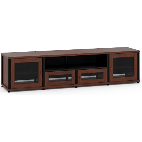 Synergy 245 Quad Width 87" AV Cabinet TV Stand in Walnut, Mesh Doors & Black Frame