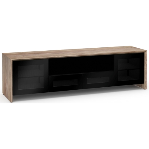 Barcelona 245 86" Quad Width AV Cabinet in Natural Walnut w/ Black Glass Doors