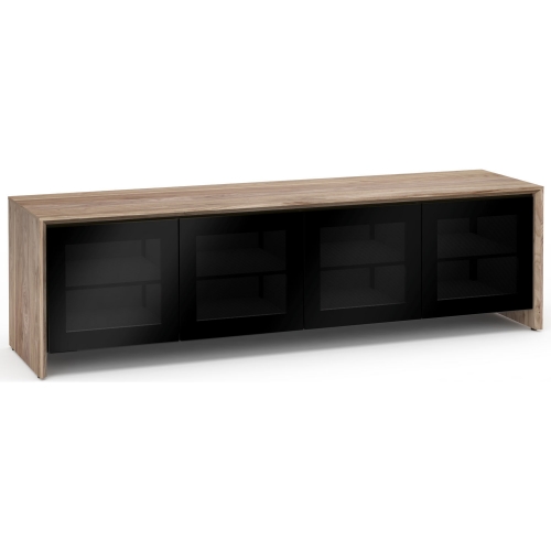 Barcelona 247 86" Quad Width AV Cabinet in Natural Walnut w/ Black Glass Doors