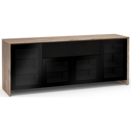 Barcelona 345 86" Quad Width AV Cabinet in Natural Walnut w/ Black Glass Doors