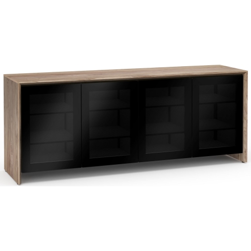 Barcelona 347 86" Quad Width AV Cabinet in Natural Walnut w/ Black Glass Doors