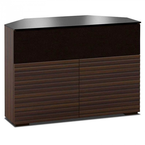 Zurich 221CR 44" Corner TV Stand AV Cabinet in Linear Texture Brown w/ Black Glass Top