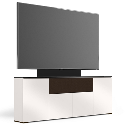 Miami 345 88" Low Profile Wall Cabinet TV Stand w/ Mount in Gloss Warm White w/ Black Top