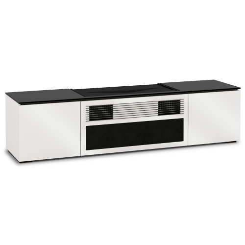 Miami 85" Credenza in Gloss Warm White w/ Black Top for Sony VPL-VZ1000ES Projector