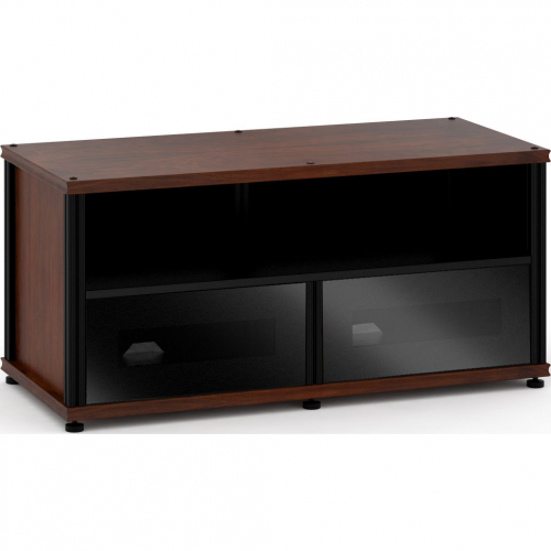 Synergy 221 Double Width 44" AV Cabinet TV Stand in Walnut, Glass Doors & Black Frame