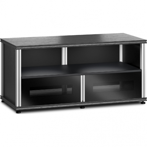 Synergy 223 Double Width 44" AV Cabinet TV Stand in Black Oak, Glass Doors & Aluminum Frame