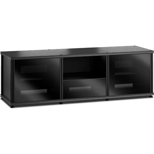 Synergy 233 Triple Width 65" AV Cabinet TV Stand in Black Oak, Glass Doors & Black Frame