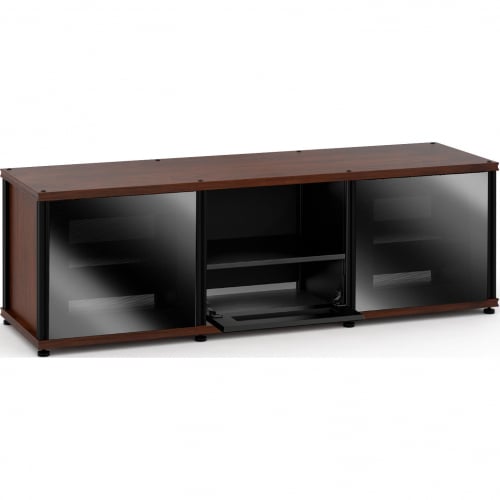 Synergy 233 Triple Width 65" AV Cabinet TV Stand in Walnut, Glass Doors & Black Frame