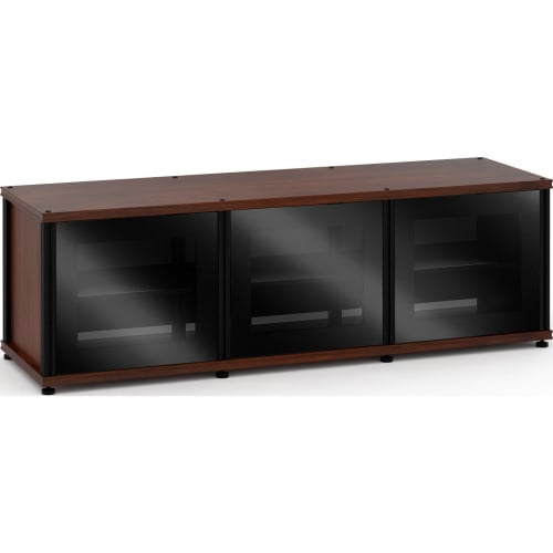 Synergy 237 Triple Width 65" AV Cabinet TV Stand in Walnut, Glass Doors & Black Frame