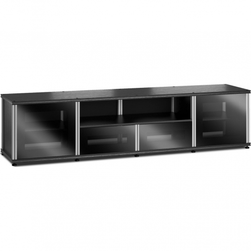 Synergy 243 Quad Width 87" AV Cabinet TV Stand in Black Oak, Glass Doors & Aluminum Frame