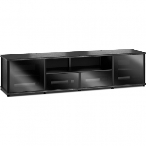 Synergy 243 Quad Width 87" AV Cabinet TV Stand in Black Oak, Glass Doors & Black Frame