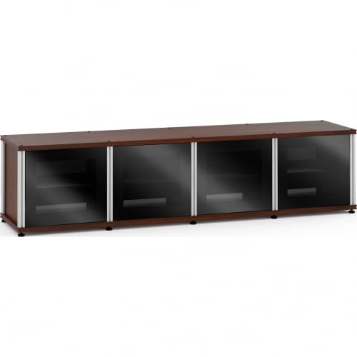 Synergy 247 Quad Width 87" AV Cabinet TV Stand in Walnut, Glass Doors & Aluminum Frame