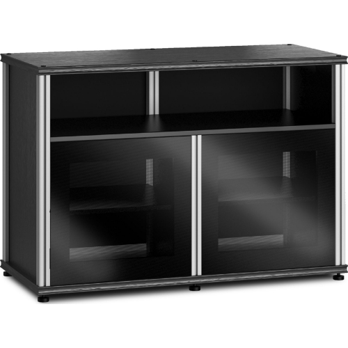 Synergy 329 Double Width 44" AV Cabinet TV Stand in Black Oak, Glass Doors & Aluminum Frame